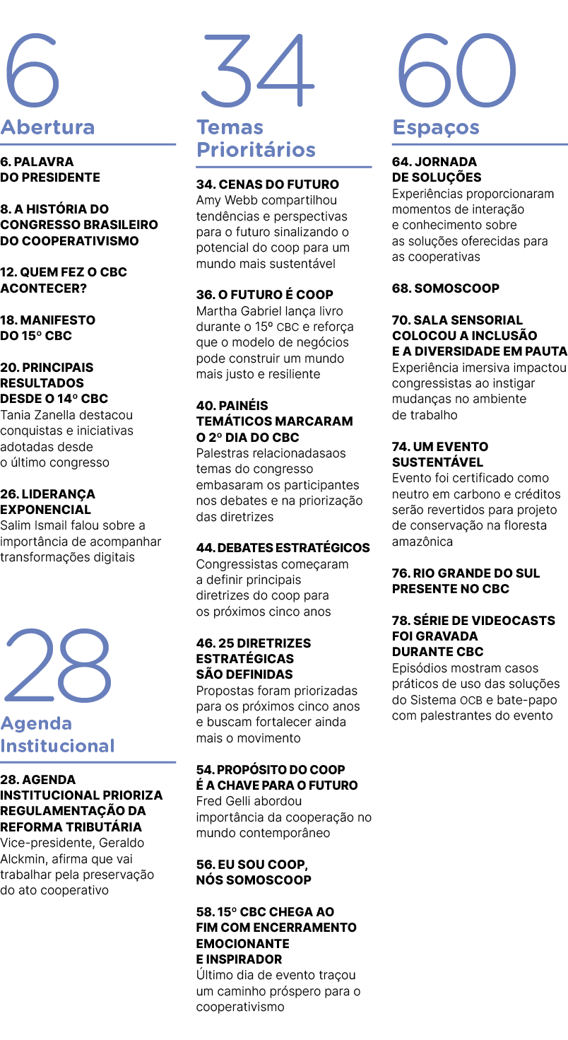 6 Abertura 6. Palavra do presidente 8. A hist ria do Congresso Brasileiro do Cooperativismo 12. Quem fez o CBC aconte...