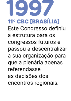 1997 11º CBC [Bras lia] Este Congresso definiu a estrutura para os congressos futuros e passou a descentralizar a sua...