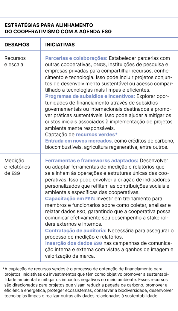 Estrat gias para alinhamento do cooperativismo com a Agenda ESG,DESAFIOS,INICIATIVAS,Recursos e escala,Parcerias e co...
