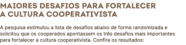 Maiores desafios para fortalecer a cultura cooperativista A pesquisa estimulou a lista de desafios abaixo de forma ra...