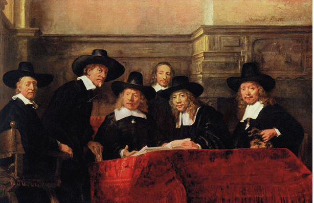 A group of adults dressed in 17th-century attire with wide-brimmed hats and white collars are gathered around a table covered with a red cloth in a dimly lit room with wooden paneling. Description generated by AI