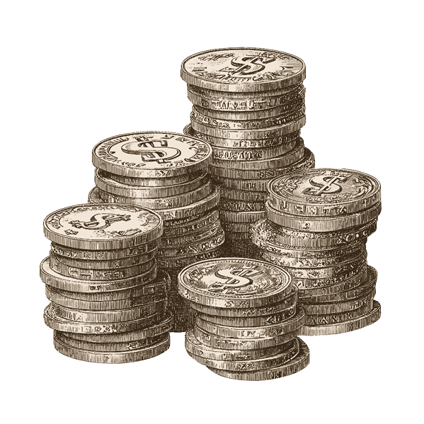 Stack of coins on a white background. Description generated by AI