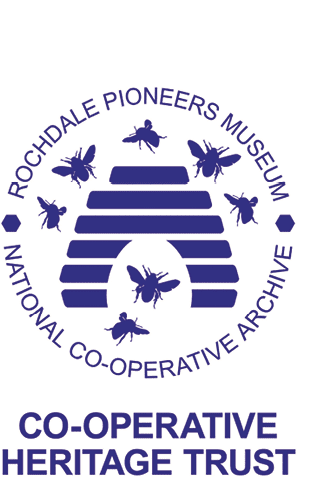 A logo featuring a stylized beehive surrounded by bees with the text Rochdale Pioneers Museum National Co-operative Archive and Co-operative Heritage Trust below. Description generated by AI
