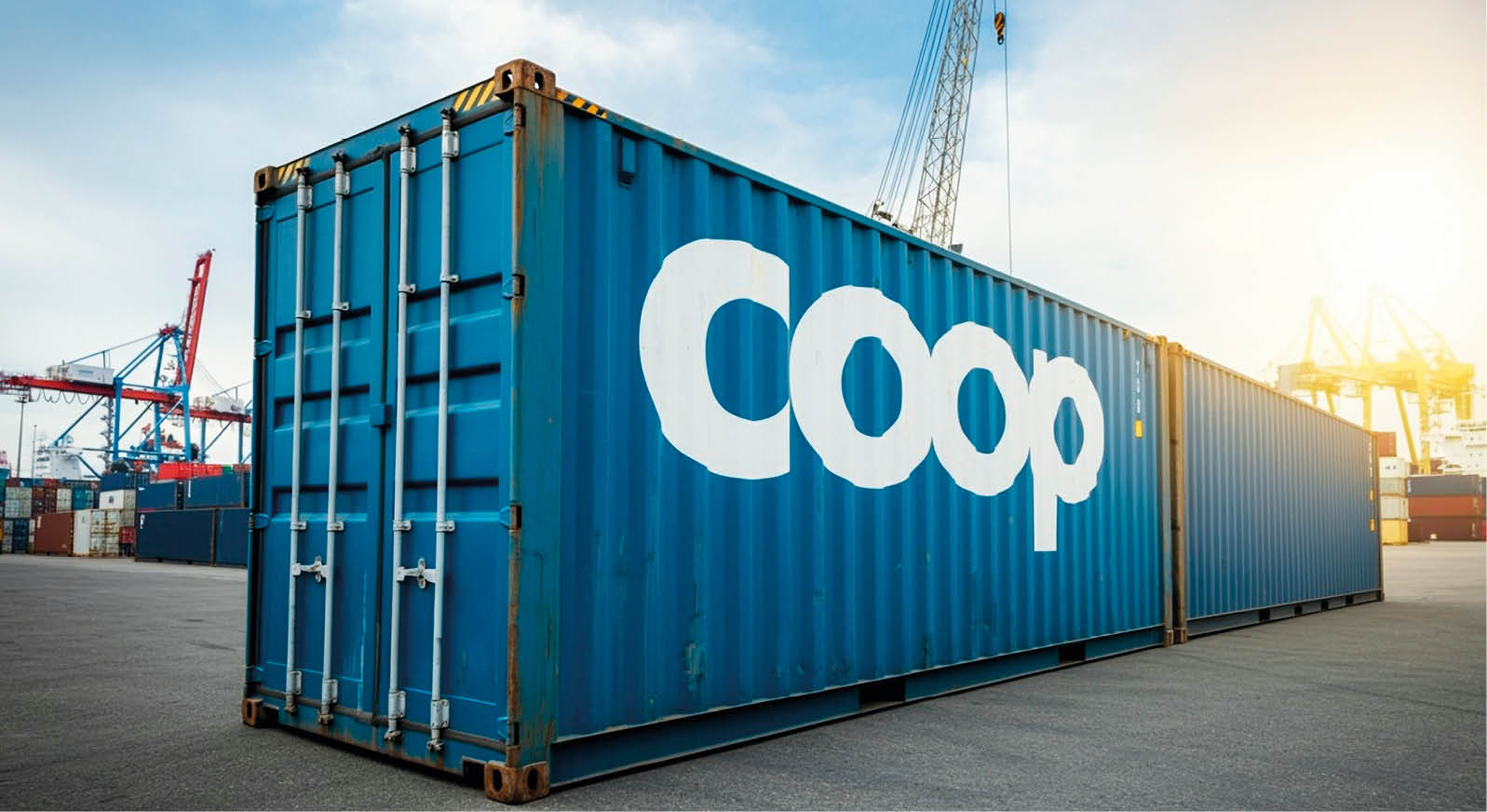blue container for export with the word “coop" 