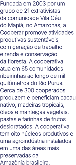Fundada em 2003 por um grupo de 21 extrativistas da comunidade Vila C u do Mapi , no Amazonas, a Cooperar promove ati...