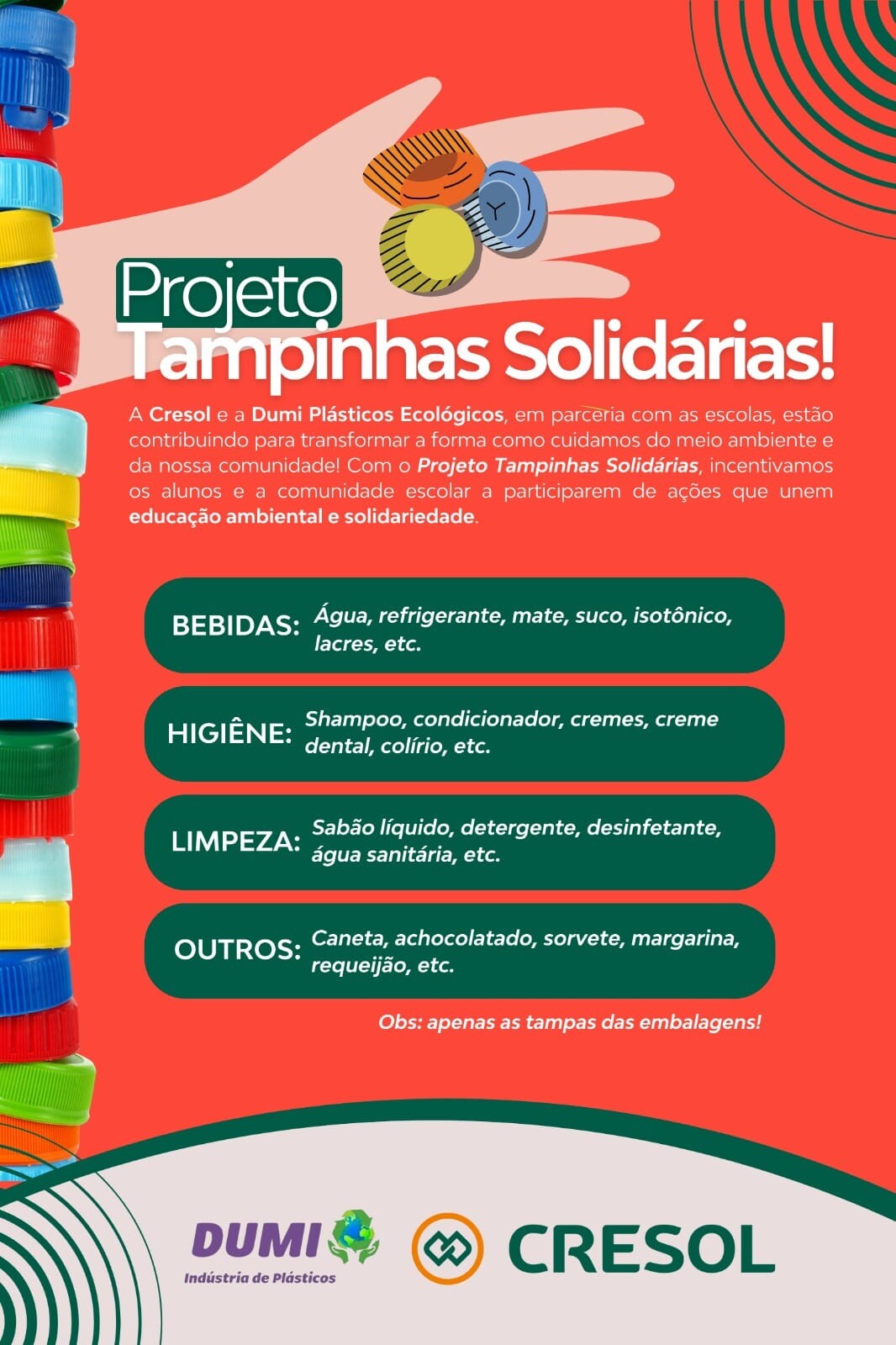 Cresol Evolução fomenta a educação em  projeto de reciclagem de tampinhas plásticas  